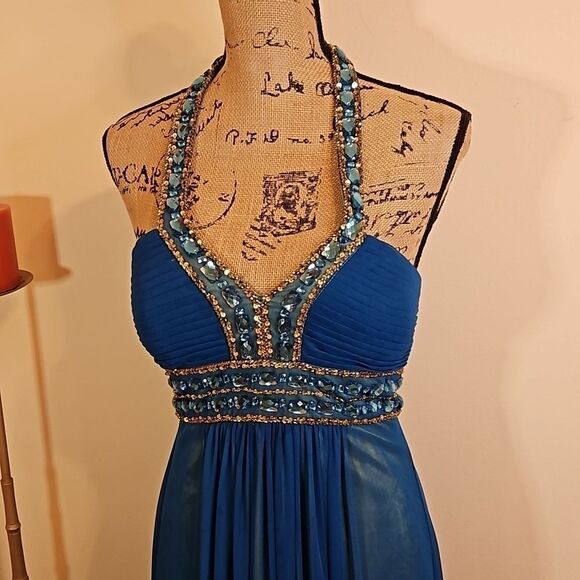 Cache Teal and lime bejeweled halter maxi gown size 4 - Picture 3 of 13